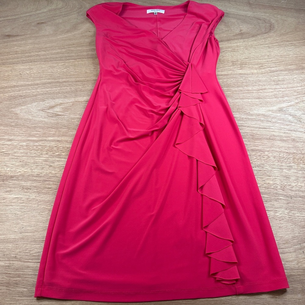 Kasper Dress Womens 10 Coral Red Ruffle Faux Wrap Sheath Cocktail Career